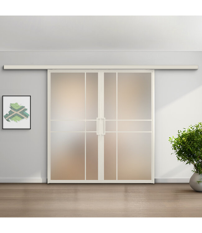 Dubbele stalen schuifdeur met koofsysteem - 6 Vlaks - Wit - Helder glas - Luxe design