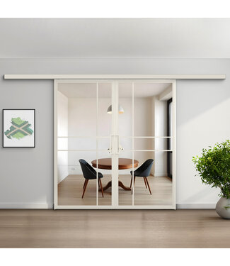 Dubbele stalen schuifdeur met koofsysteem - 6 Vlaks - Wit - Helder glas - Luxe design Dubbele stalen schuifdeur met koofsysteem - 6 Vlaks - Wit - Helder glas - Luxe design