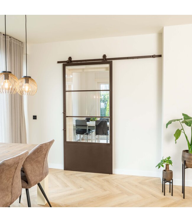 Stalen Schuifdeur - 3 Vlaks met kickplate - Brons - Helder glas