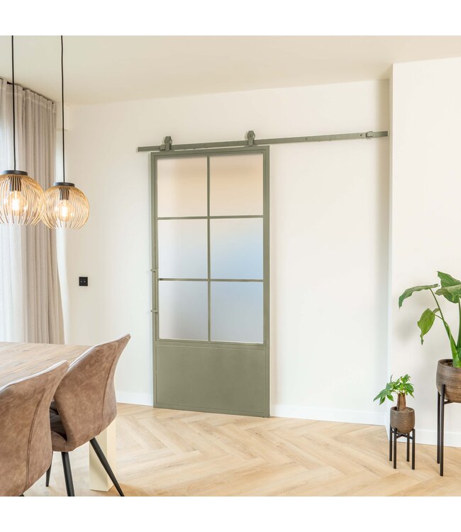 Stalen Schuifdeur - 6 Vlaks met kickplate - Olijfgroen - Helder glas