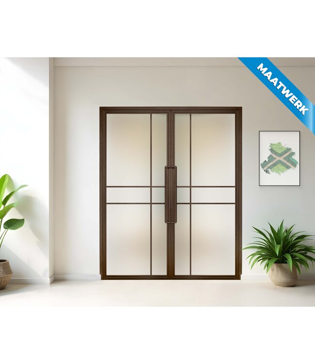 Dubbele stalen Binnendeur - 6 Vlaks - Brons - Maatwerk - Rook glas