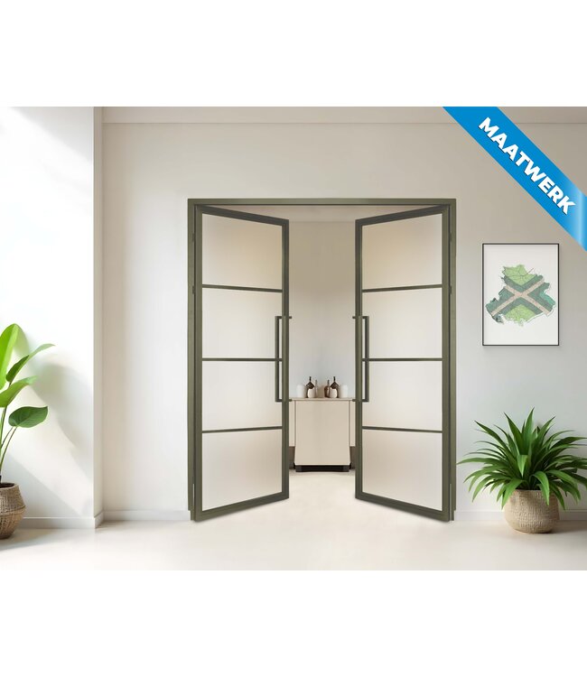 Dubbele stalen Binnendeur - 4 Vlaks - Olijfgroen - Maatwerk - Rook glas