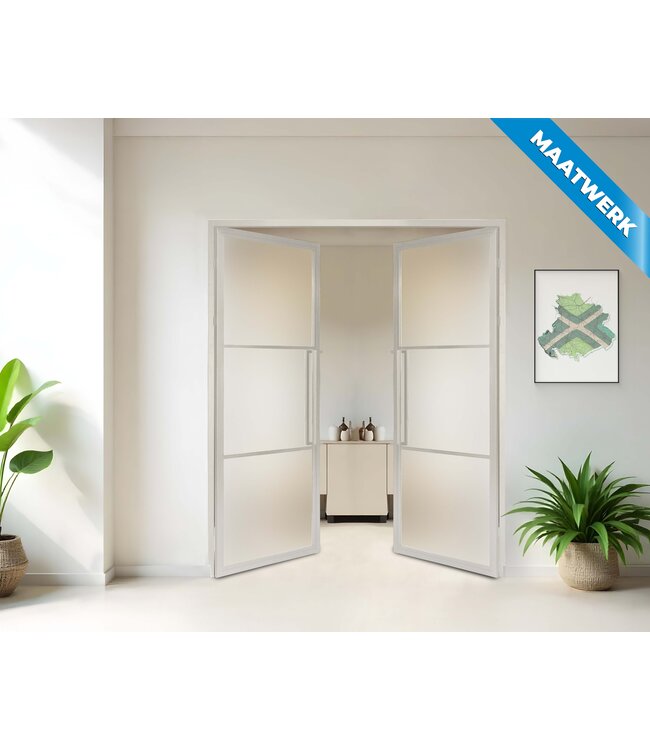 Dubbele stalen Binnendeur - 3 Vlaks - Wit - Maatwerk - Mat glas