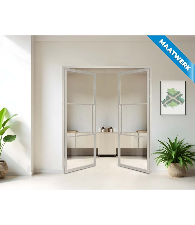 Dubbele stalen Binnendeur - 3 Vlaks - Wit - Maatwerk - Mat glas