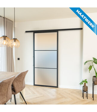 Stalen Schuifdeur met koofsysteem - Zwart- 3 Vlaks - Maatwerk - Mat glas