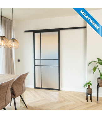 Stalen Schuifdeur met koofsysteem - Zwart -  6 Vlaks - Maatwerk - Mat glas