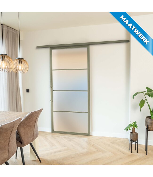 Stalen Schuifdeur met koofsysteem - 4 Vlaks - Olijfgroen - Maatwerk - Mat glas