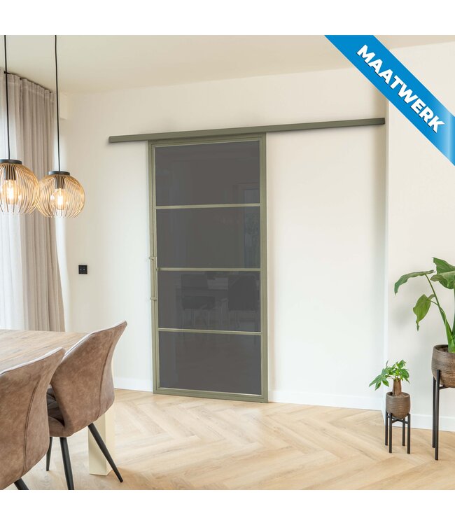 Stalen Schuifdeur met koofsysteem - 4 Vlaks - Olijfgroen - Maatwerk - Mat glas