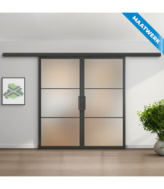 Dubbele stalen Schuifdeuren met koofsysteem - Zwart - 3 Vlaks - Maatwerk - Mat glas