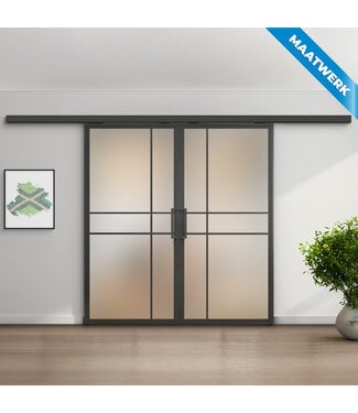 Dubbele stalen Schuifdeuren met koofsysteem - Zwart - 6 Vlaks - Maatwerk - Luxe design - Mat glas