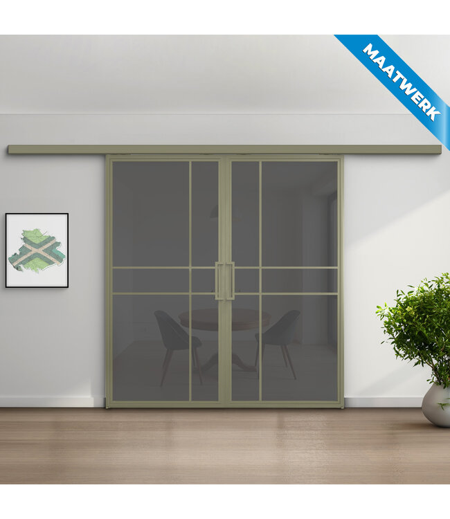 Dubbele stalen Schuifdeuren met koofsysteem - 6 Vlaks - Olijfgroen - Maatwerk - Luxe design - Helder glas