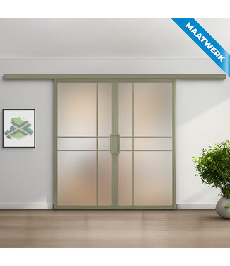 Dubbele stalen Schuifdeuren met koofsysteem - 6 Vlaks - Olijfgroen - Maatwerk - Luxe design - Mat glas