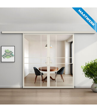 Dubbele stalen Schuifdeuren met koofsysteem - 6 Vlaks - Wit - Maatwerk - Luxe design - Helder glas Dubbele stalen Schuifdeuren met koofsysteem - 6 Vlaks - Wit - Maatwerk - Luxe design - Helder glas