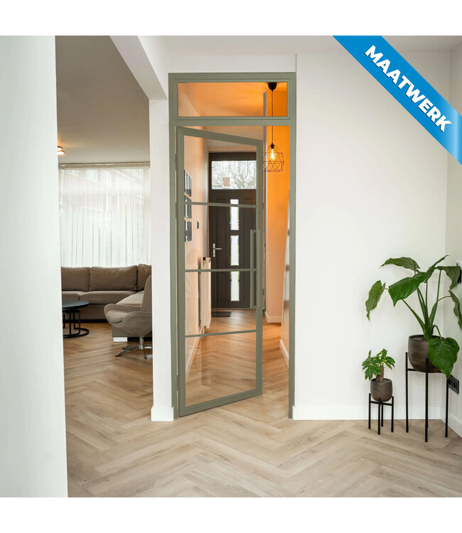Stalen Binnendeur met bovenlicht - 4 Vlaks - Olijfgroen - Maatwerk - Rook glas