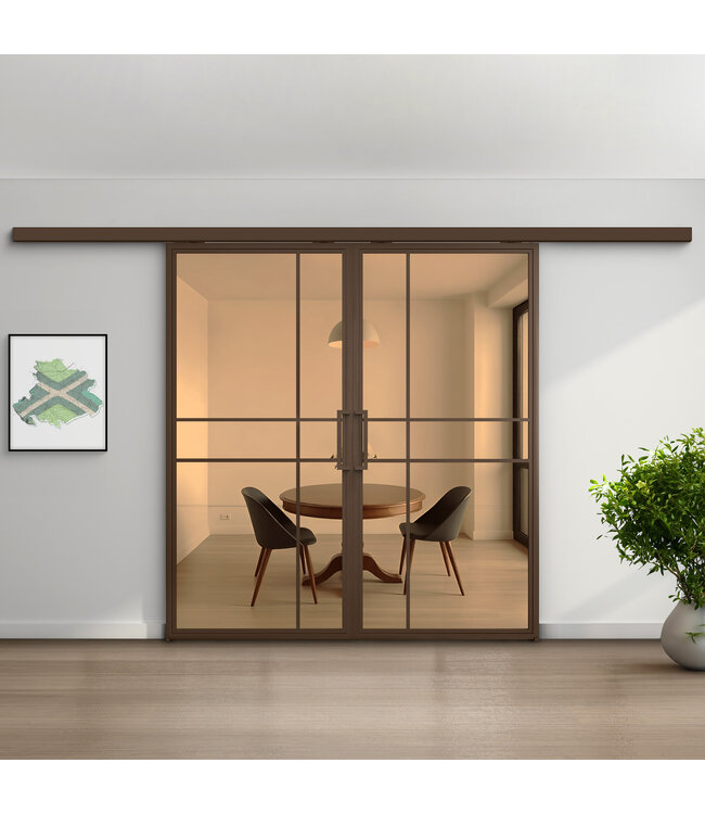 Dubbele stalen schuifdeur met koofsysteem - 6 Vlaks - Brons - Rook glas - Luxe design