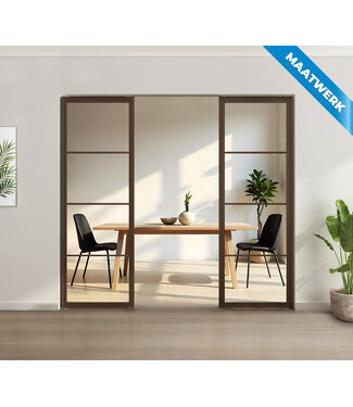 Stalen glaspaneel voor bij taatsdeur of als tussenwand, 4 vlaks, brons, helder glas Stalen glaspaneel voor bij taatsdeur of als tussenwand, 4 vlaks, brons, helder glas