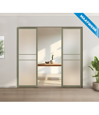 Stalen glaspaneel voor bij taatsdeur of als tussenwand, 6 vlaks, olijfgroen, mat glas Stalen glaspaneel voor bij taatsdeur of als tussenwand, 6 vlaks, olijfgroen, mat glas