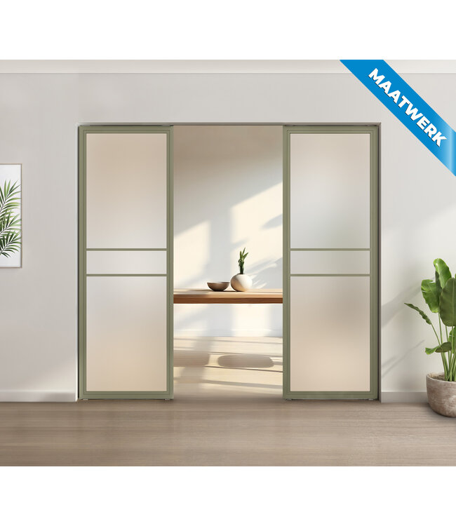 Stalen glaspaneel voor bij taatsdeur of als tussenwand, 6 vlaks, olijfgroen, mat glas