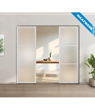 Stalen glaspaneel voor bij taatsdeur of als tussenwand, 3 vlaks, wit, mat glas Stalen glaspaneel voor bij taatsdeur of als tussenwand, 3 vlaks, wit, mat glas