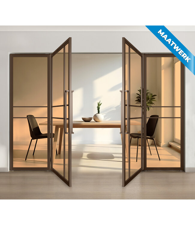 Dubbele stalen taatsdeur met glaspaneel, 6 vlaks, brons, rook glas