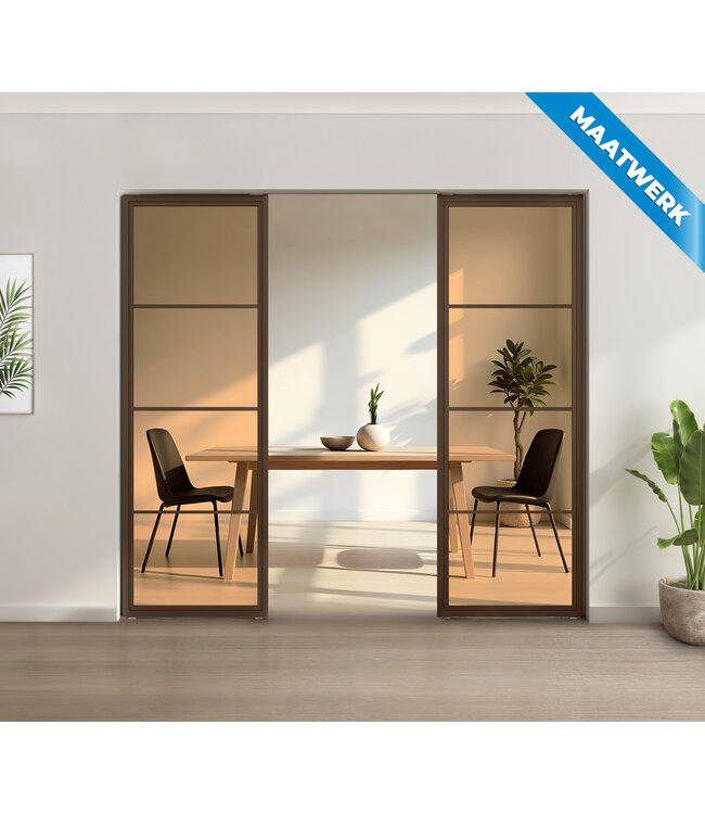 Stalen glaspaneel voor bij taatsdeur of als tussenwand, 4 vlaks, brons, helder glas