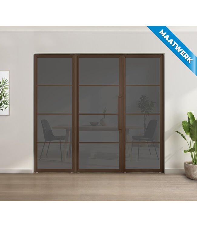 Enkele stalen taatsdeur met glaspaneel, 4 vlaks, brons, mat glas