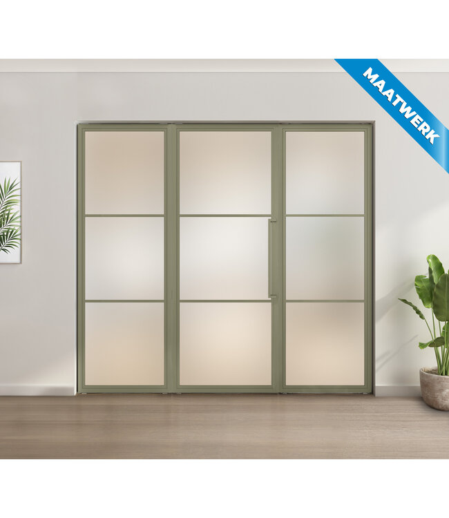 Enkele stalen taatsdeur met glaspaneel, 3 vlaks, olijfgroen, helder glas
