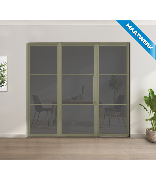 Enkele stalen taatsdeur met glaspaneel, 3 vlaks, olijfgroen, helder glas