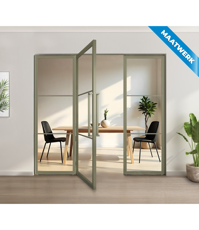 Enkele stalen taatsdeur met glaspaneel, 3 vlaks, olijfgroen, helder glas