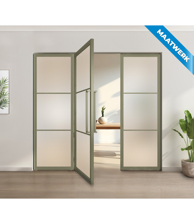 Enkele stalen taatsdeur met glaspaneel, 3 vlaks, olijfgroen, helder glas