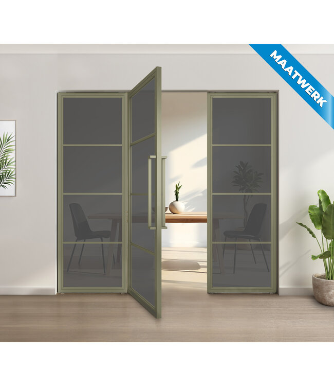 Enkele stalen taatsdeur met glaspaneel, 4 vlaks, olijfgroen, helder glas