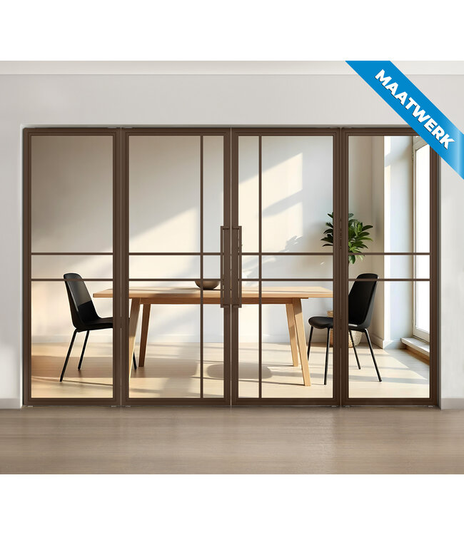 Dubbele stalen taatsdeur met glaspaneel, 6 vlaks, brons, rook glas