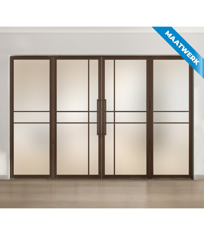 Dubbele stalen taatsdeur met glaspaneel, 6 vlaks, brons, rook glas