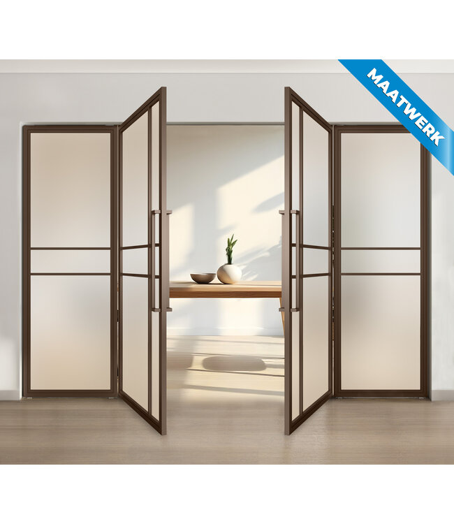 Dubbele stalen taatsdeur met glaspaneel, 6 vlaks, brons, rook glas