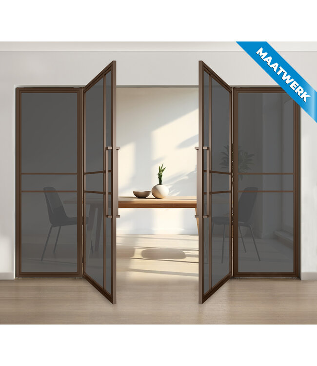 Dubbele stalen taatsdeur met glaspaneel, 6 vlaks, brons, rook glas