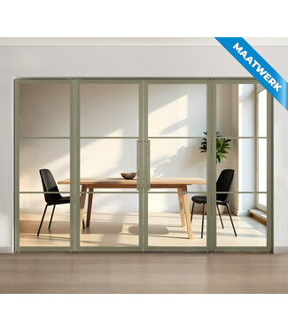 Dubbele stalen taatsdeur met glaspaneel, 3 vlaks, olijfgroen, helder glas