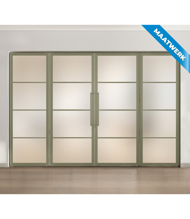 Dubbele stalen taatsdeur met glaspaneel, 4 vlaks, olijfgroen, rook glas