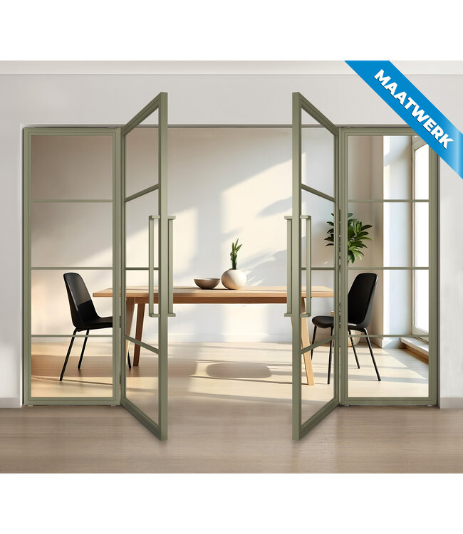 Dubbele stalen taatsdeur met glaspaneel, 4 vlaks, olijfgroen, rook glas