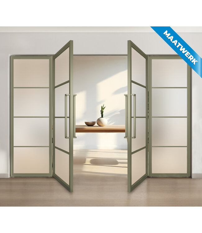 Dubbele stalen taatsdeur met glaspaneel, 4 vlaks, olijfgroen, rook glas