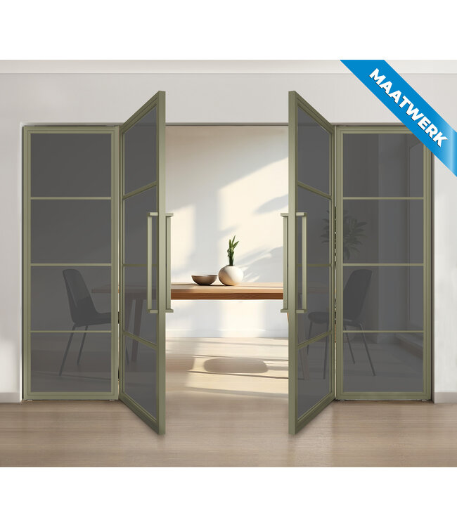 Dubbele stalen taatsdeur met glaspaneel, 4 vlaks, olijfgroen, rook glas