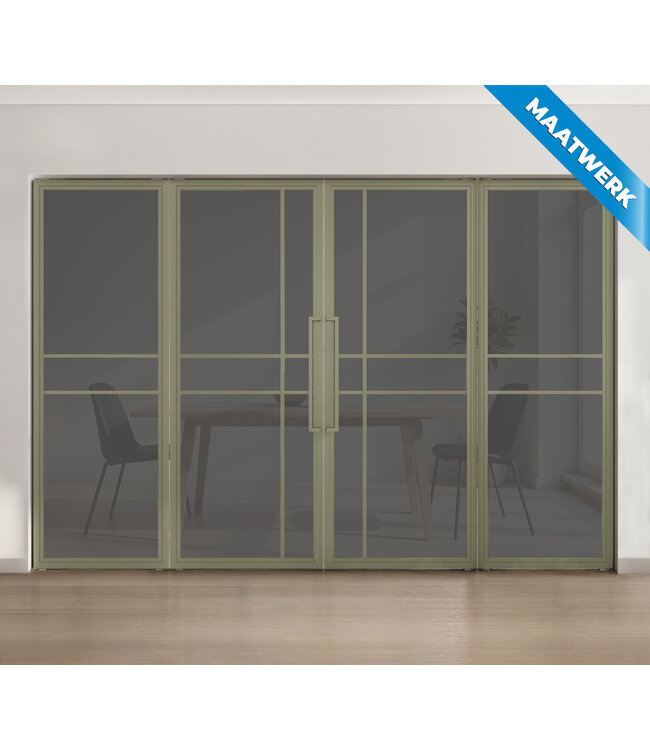 Dubbele stalen taatsdeur met glaspaneel, 6 vlaks, olijfgroen, helder glas