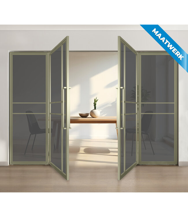 Dubbele stalen taatsdeur met glaspaneel, 6 vlaks, olijfgroen, helder glas