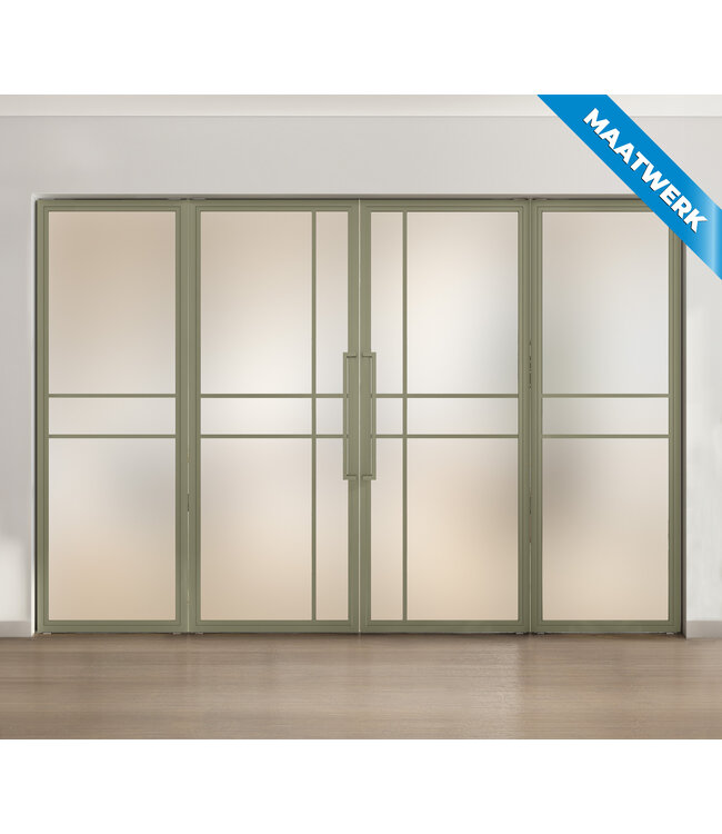 Dubbele stalen taatsdeur met glaspaneel, 6 vlaks, olijfgroen, rook glas