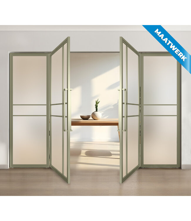 Dubbele stalen taatsdeur met glaspaneel, 6 vlaks, olijfgroen, rook glas