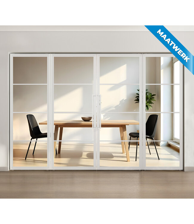 Dubbele stalen taatsdeur met glaspaneel, 4 vlaks, wit, helder glas