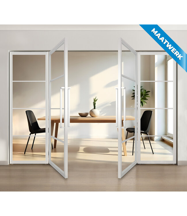Dubbele stalen taatsdeur met glaspaneel, 4 vlaks, wit, mat glas
