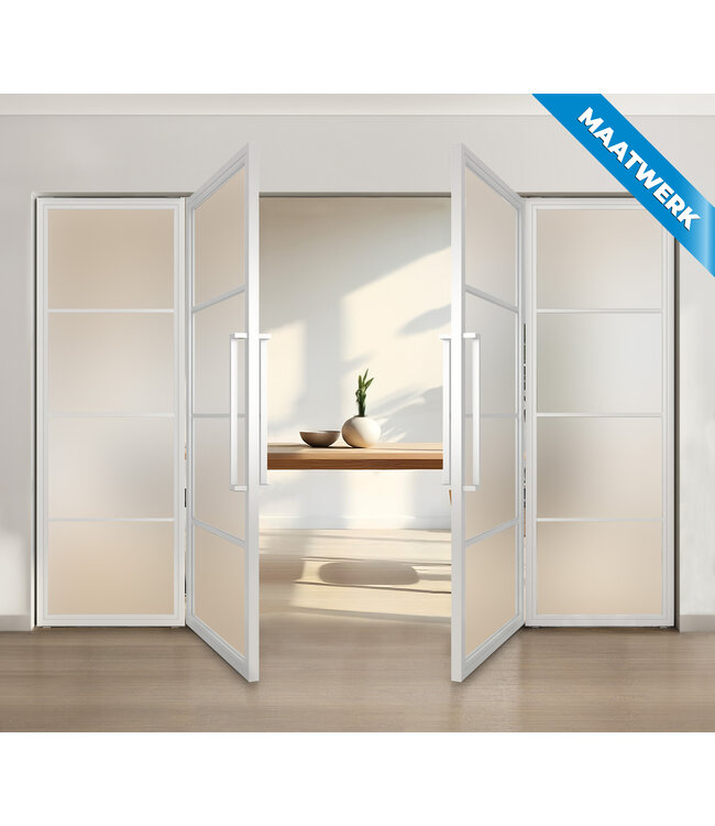 Dubbele stalen taatsdeur met glaspaneel, 4 vlaks, wit, mat glas