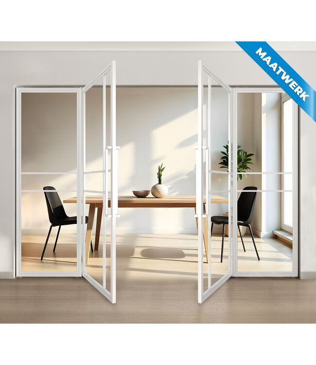 Dubbele stalen taatsdeur met glaspaneel, 6 vlaks, wit, mat glas