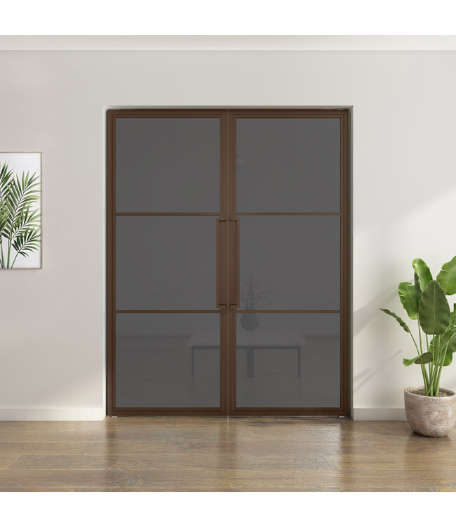 OUTLET: Dubbele stalen taatsdeur - 3 Vlaks - Brons - Helder glas