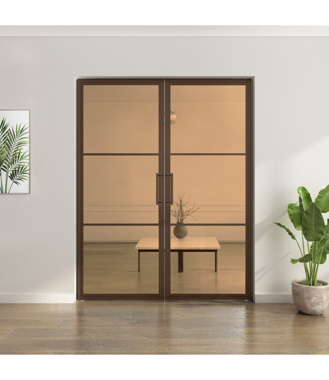 Dubbele stalen taatsdeur - 3 Vlaks - Brons - Helder glas*